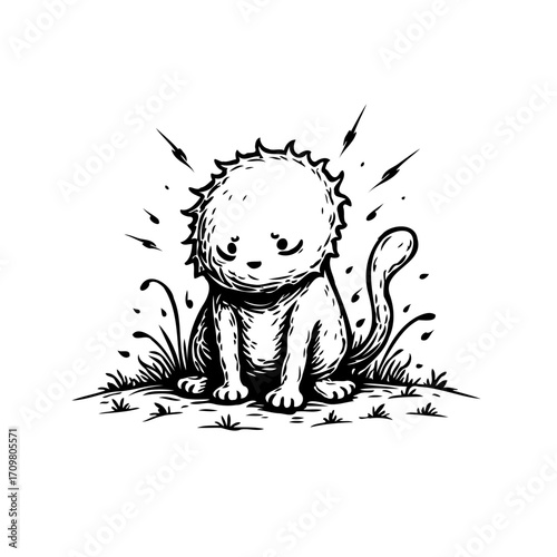 Monochromatic kitten illustration: Expressing sadness in a playful artistic design with unique