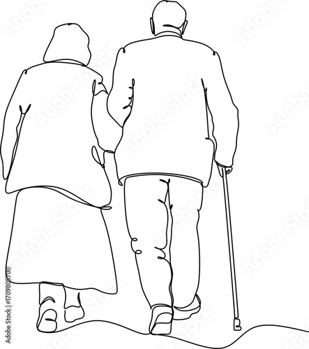 Elderly couple in continuous line art drawing style. Senior man and woman walking together holding hands. Minimalist black linear sketch isolated on white background. Vector illustration