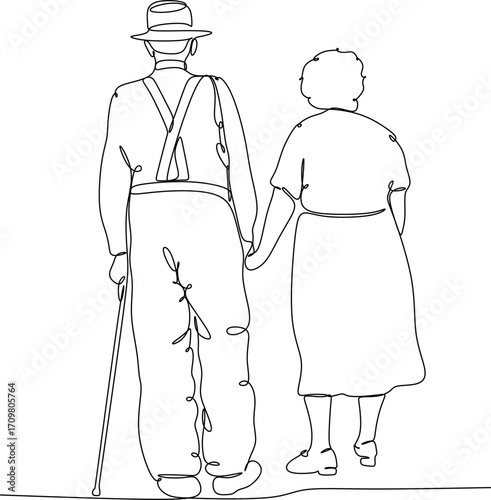 Elderly couple in continuous line art drawing style. Senior man and woman walking together holding hands. Minimalist black linear sketch isolated on white background. Vector illustration