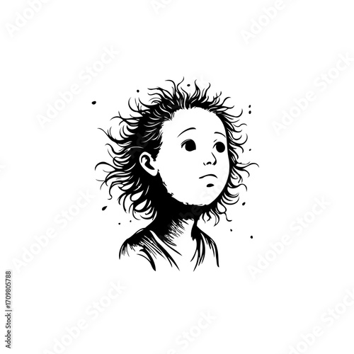 Monochromatic sketch depicting a young individual with voluminous hair gazing upward in