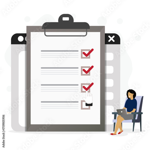 Businesswoman using laptop to completing online checklist on clipboard in screen with red marks. Concept of task management, to-do list, and online survey.
