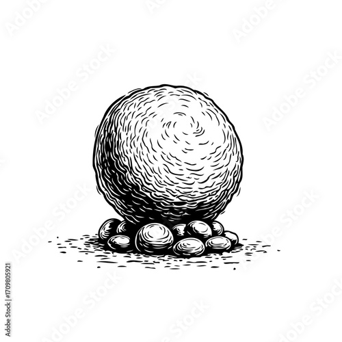 Monochromatic sphere atop pebbles illustration showing balance and texture for creative designs