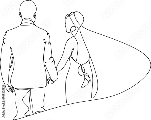 Line drawing of a young wedding couple, bride and groom