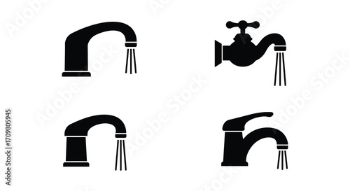 A collection of four different black silhouette faucet designs isolated on white