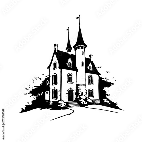 Monochromatic whimsical castle illustration with spires evoking fairy tales and enchanting