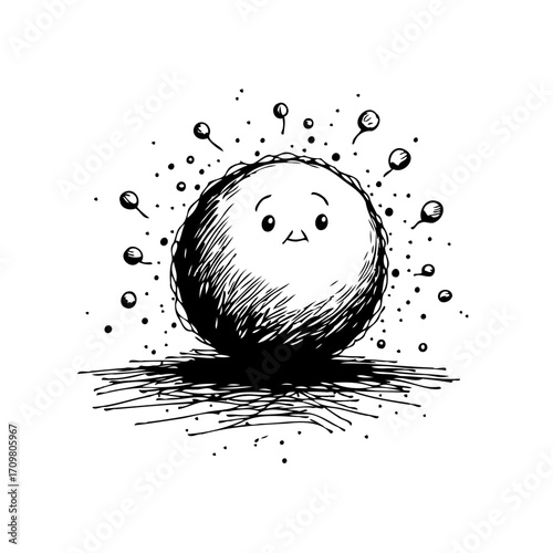 Monochromatic whimsical sphere with apprehensive expression surrounded by enigmatic floating