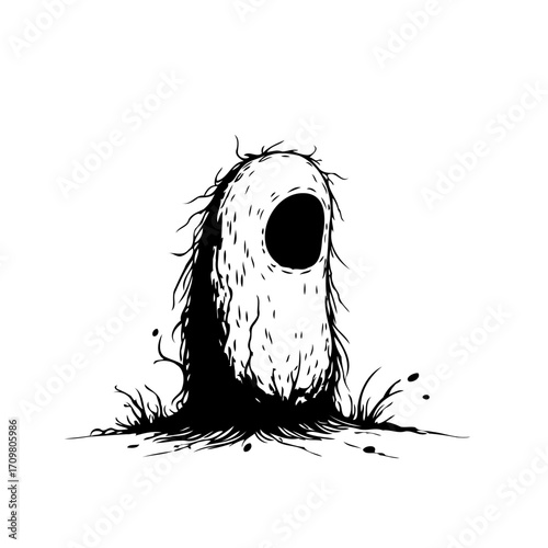 Monochrome apparition of a strange entity standing in stark contrast against a white landscape a