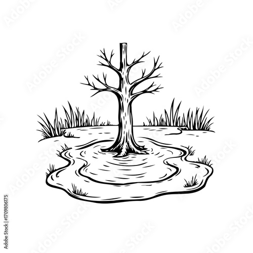 Monochrome artwork presents a solitary bare tree emerging from a pool of water surrounded by