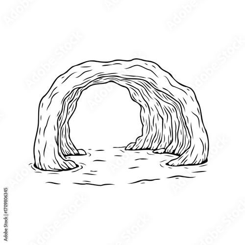Monochrome cave drawing showing the geological formation with water entrance ideal for adventure