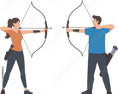 Man and woman archery sport training shooting bow and arrow outdoor practice athletic activity precision target aim vector illustration design