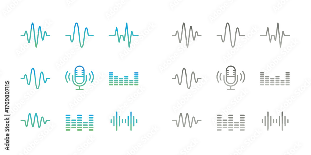 Fototapeta premium Dynamic audio equalizer bars and sound waves pulse graph. Digital podcasting and music technology interface element set.