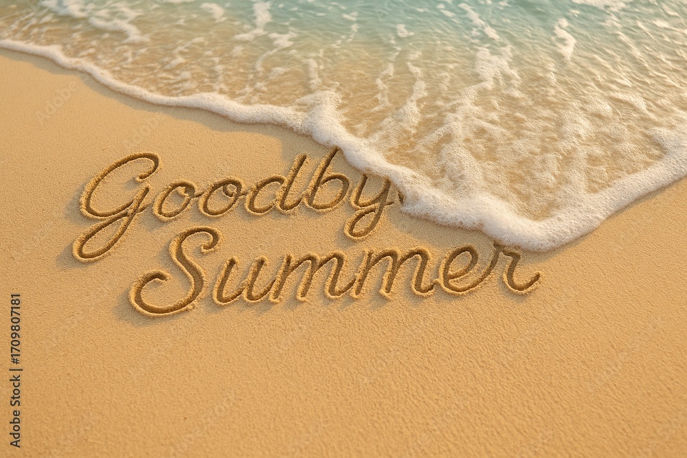 Fototapeta premium Ocean wave washing away goodbye summer text on beach sand