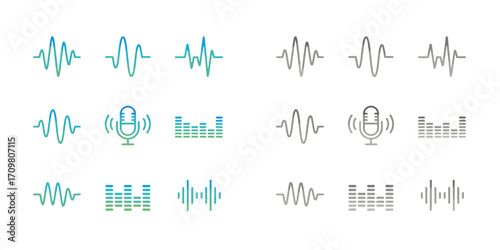 Dynamic audio equalizer bars and sound waves pulse graph. Digital podcasting and music technology interface element set.


