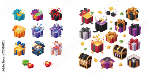 Playful illustrated icons of unopened presents and surprise packages symbolizing fortune, luck, and mystery.

