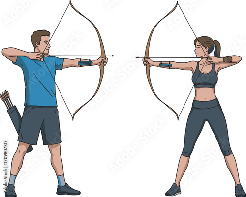 Man and woman archery sport training shooting bow and arrow outdoor practice athletic activity precision target aim vector illustration design