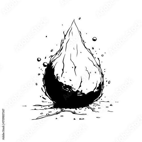 Monochrome droplet illustration showcasing a fluid form with textural details creating an artistic