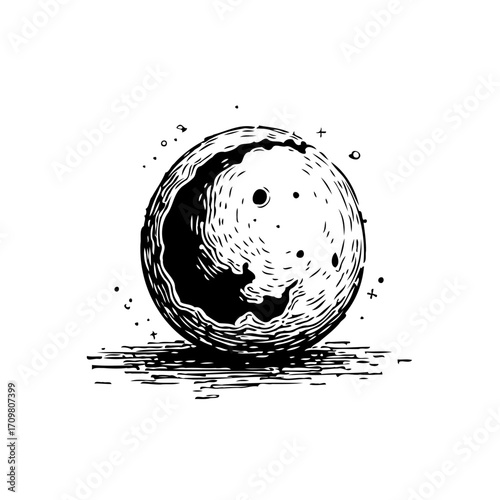 Monochrome etched celestial sphere depicting craters and textures in outer space artwork creation