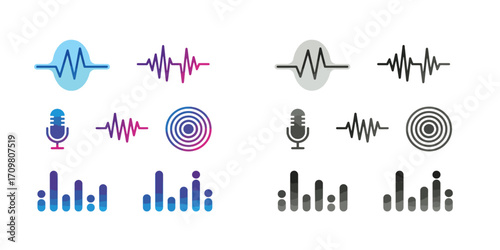 Set of vibrant audio waveform designs for music apps, radio player UI, and digital marketing banners. Modern vector elements.

