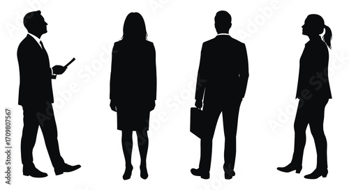 Silhouette group of four business people facing different directions
