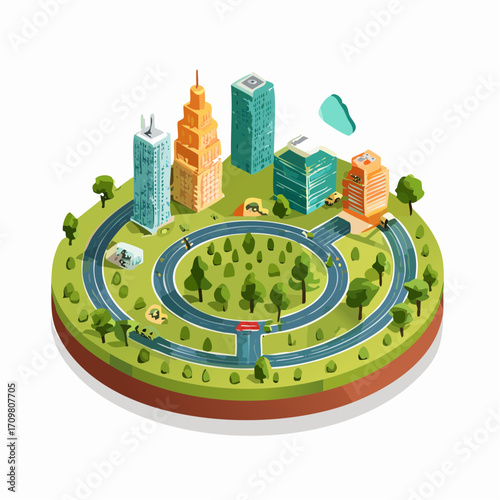 Circular economy concept. Sustainable economic development, Co2 emission impact. Green industry, environment, environmental responsibility infographic. Flat isometric vector illustration.