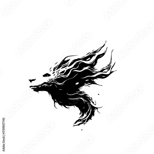 Monochrome graphic depicts mystical creature profile artfully composed with flowing lines and