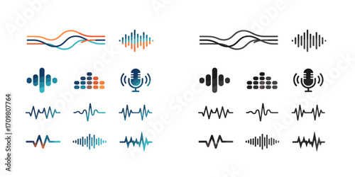 Digital audio spectrum analyzer with pulsating waves. Modern graphic for DJ visuals, music blog, and tech presentations.

