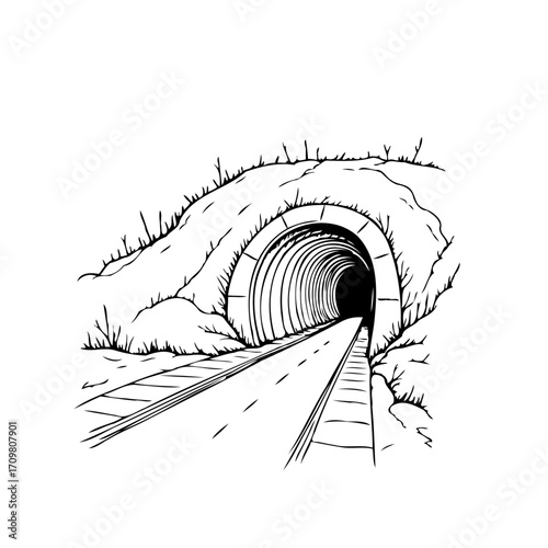 Monochrome illustration capturing a tunnel entrance with railroad tracks and surrounding rock