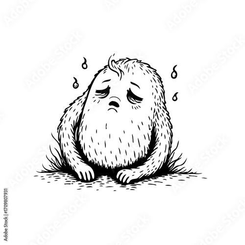 Monochrome illustration depicting a forlorn furry creature expressing sadness with downcast eyes