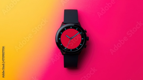 Modern smartwatch with red dial and black case displaying the time on a vibrant two tone background, blending yellow and pink