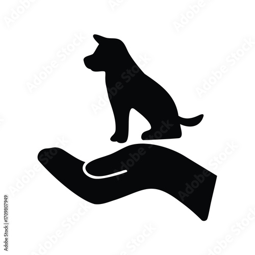Minimalist illustration of a dog sitting in the palm of a hand