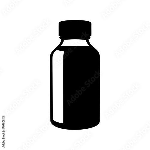 Simple minimalist black and white silhouette of a medicine or liquid bottle