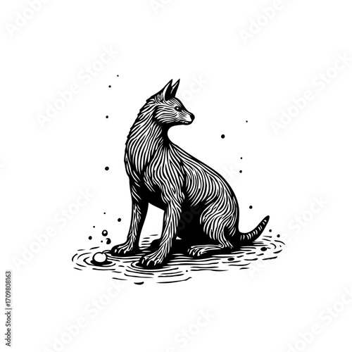 Monochrome illustration of a dog in a seated position, exhibiting detailed linework and expressive