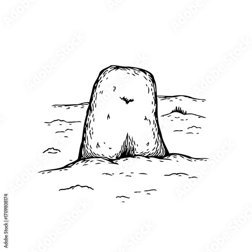 Monochrome illustration depicts solitary rock formation weathered textures landscape abstract