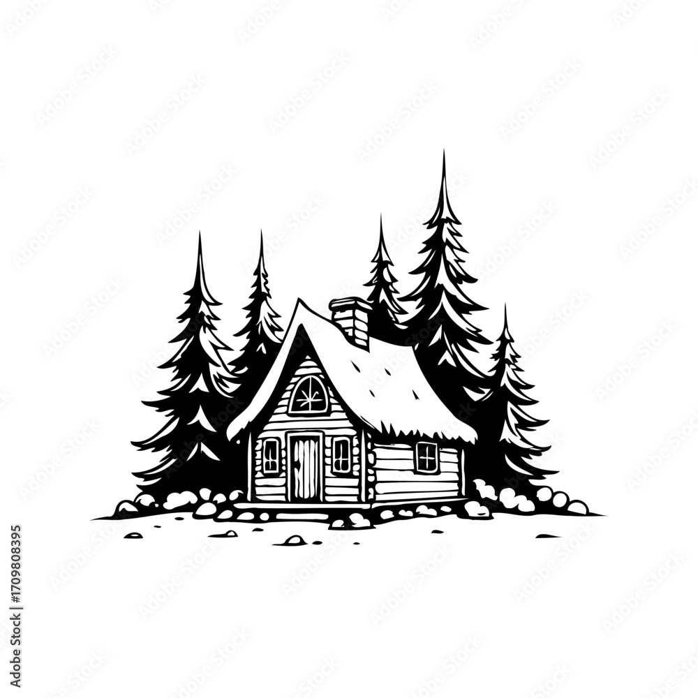 Fototapeta premium Monochrome illustration of a rustic cabin nestled within evergreen trees a winter retreat