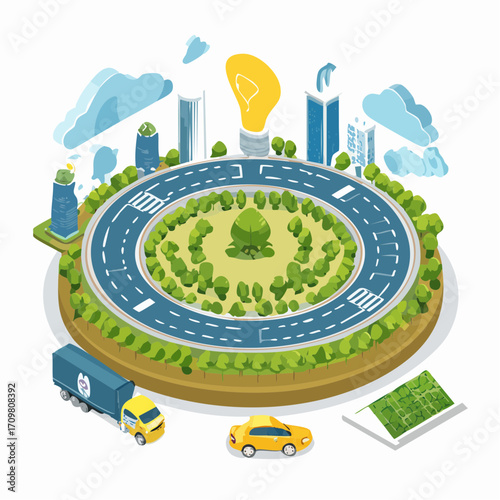 Circular economy concept. Sustainable economic development, Co2 emission impact. Green industry, environment, environmental responsibility infographic. Flat isometric vector illustration.