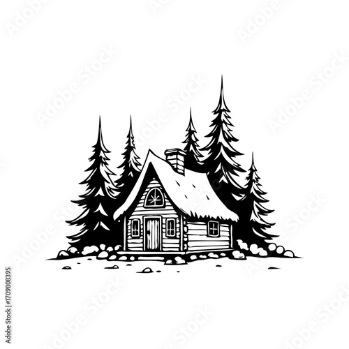 Monochrome illustration of a rustic cabin nestled within evergreen trees a winter retreat