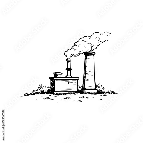 Monochrome illustration of an industrial factory with smoke, representing environmental challenges