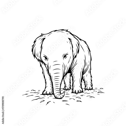 Monochrome illustration of a juvenile elephant with expressive eyes symbolizing vulnerability and