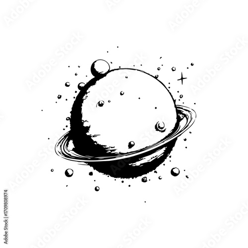 Monochrome planetary composition featuring celestial body with ring system and accompanying