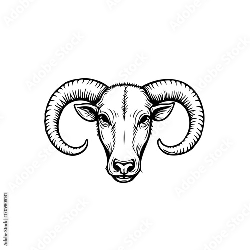 Monochrome ram illustration showcases intricate horn details against bright background emphasizing