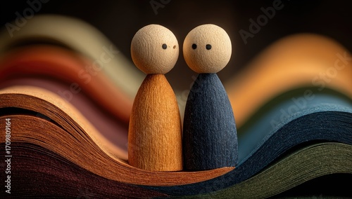 Two small wooden figures, light orange and dark blue, stand facing each other on a textured, layered surface of colored paper, creating a sense of connection amidst a spectrum of fall colors