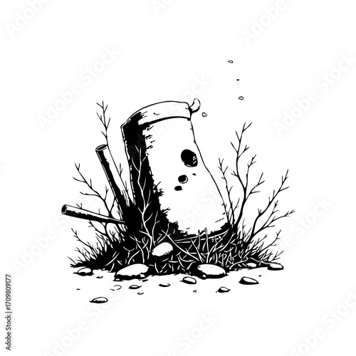 Monochrome rendering of forgotten container surrounded by growth depicting time nature and change