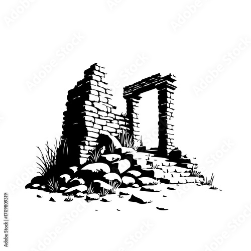 Monochrome Ruins of a Structure Showing Decay and the Effects of Time on Historical Sites that are