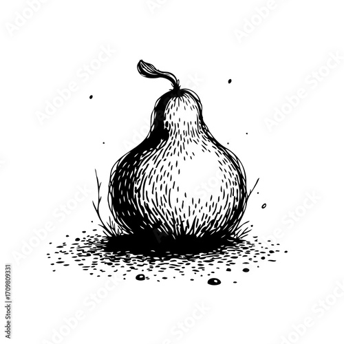 Monochrome pear illustration featuring textured shading and artistic scatter effect creating a
