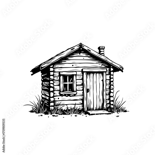 Monochrome rustic cabin illustration evokes a sense of calm and simple isolated rural living