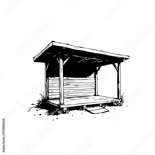 Monochrome rustic shelter drawing evokes simple living within a nature imbued peaceful environment