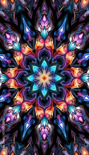 Vibrant fractal art illustration with seamless kaleidoscopic pattern. Abstract swirling colors blend in symmetric floral motifs. Rich purple, blue, orange, pink hues on black background. Ideal for
