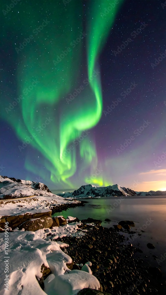 Naklejka premium Northern Lights over a frozen lake