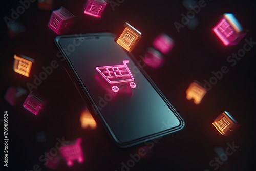 Mobile phone with glowing shopping cart icon, surrounded by floating store symbols