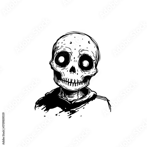 Monochrome skeletal figure illustration showcasing detailed anatomical features and a stark